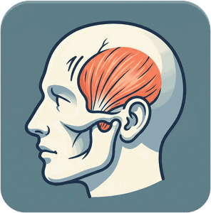 Illustration of a head in profile with the fan-shaped temporalis muscle at the temple highlighted, the muscle affected by temporal hollowing