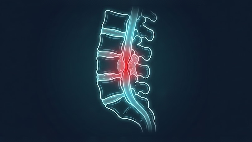Neon illustration of lumbar spinal stenosis, severe canal narrowing