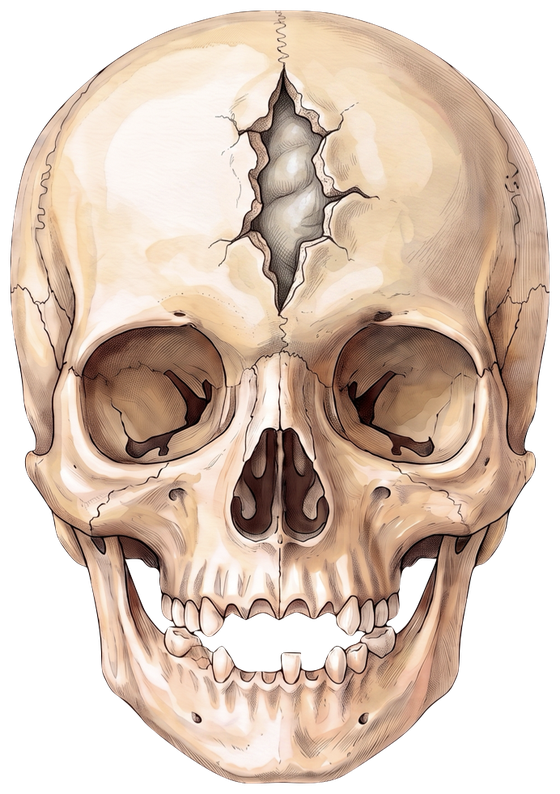 A child's skull in frontal view with a growing skull fracture: the original fracture line has widened into a visible gap, filled with soft tissue rather than bone.